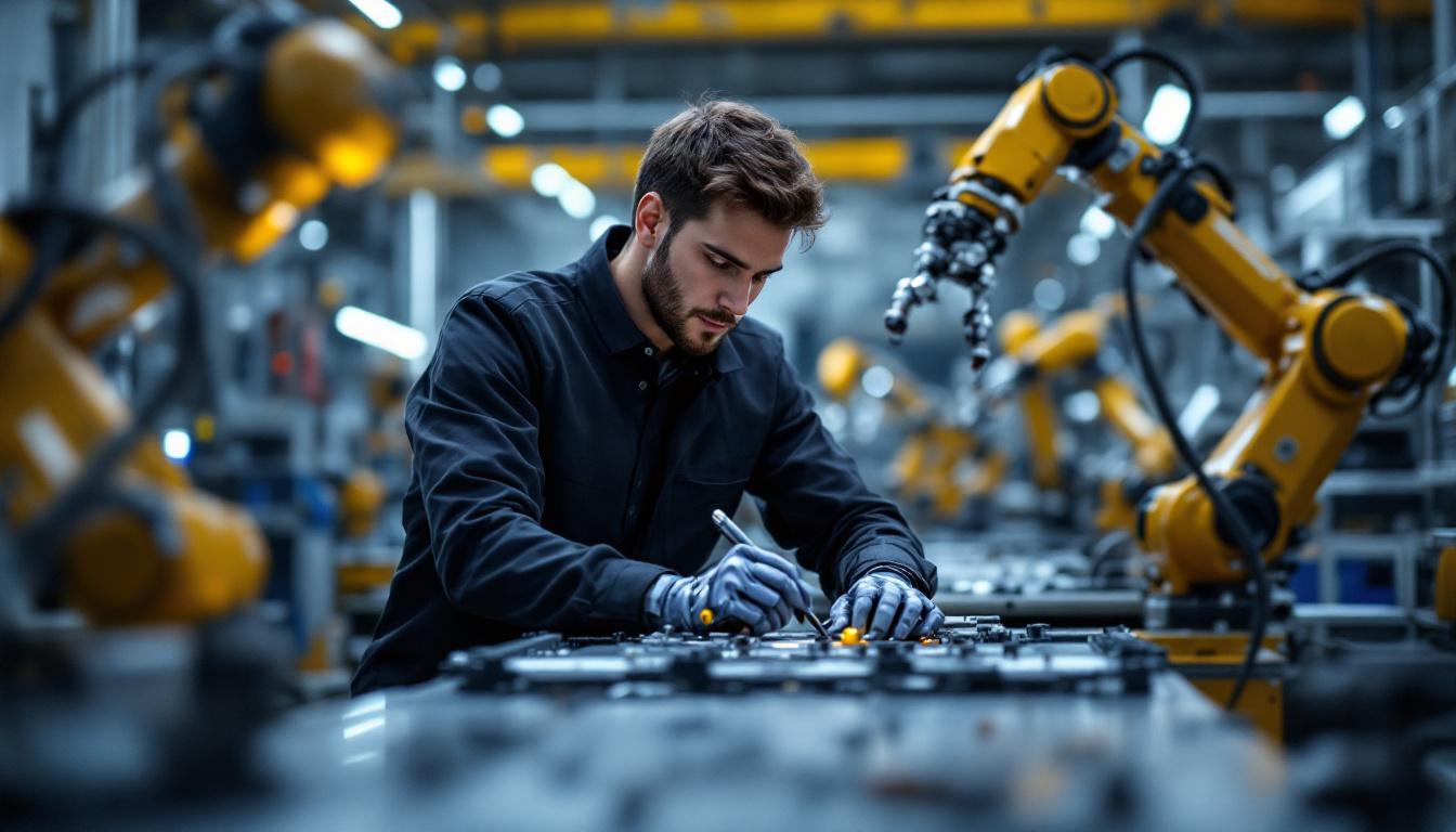 A photograph of a skilled intern working alongside industrial robots in a dynamic manufacturing environment