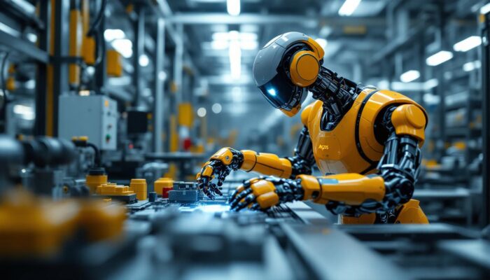 A photograph of a sleek argos industrial robot in action within a modern manufacturing environment