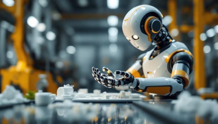 A photograph of a soft robotic arm gently interacting with delicate objects in an industrial setting