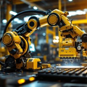 A photograph of a sleek industrial robot in action within a manufacturing setting