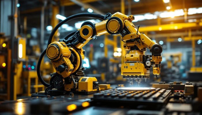 A photograph of a sleek industrial robot in action within a manufacturing setting