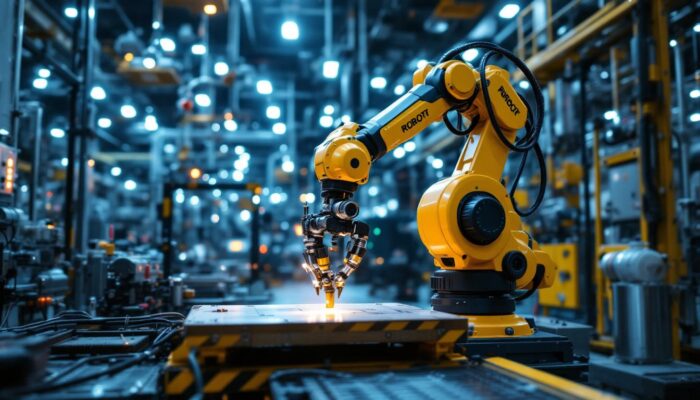 A photograph of a state-of-the-art industrial robot in action within a chemical manufacturing facility