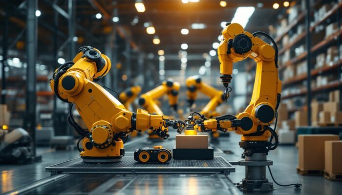 A photograph of a high-tech warehouse environment showcasing industrial robots in action