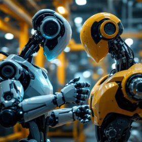 A photograph of a sleek industrial robot in action