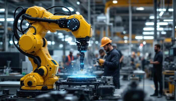 A photograph of a dynamic industrial robot in action within a modern manufacturing environment