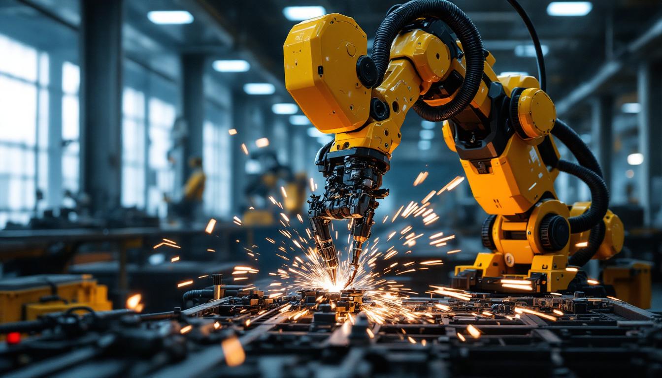 A photograph of a dynamic industrial robot in action within a manufacturing setting
