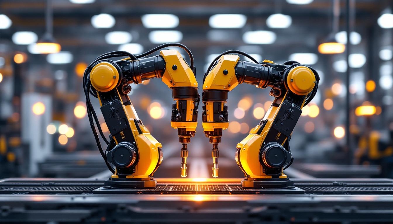 A photograph of a pair of robotic arms working in unison on an assembly line
