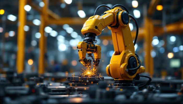 A photograph of a sleek industrial robotic arm in action