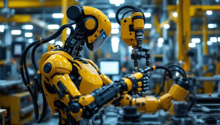 A photograph of a modern industrial robot in action within a manufacturing setting