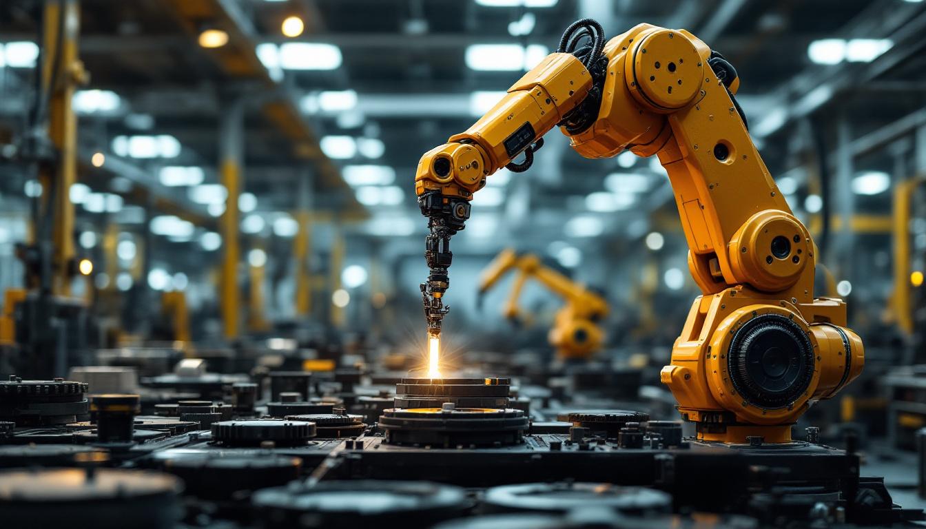 A photograph of a dynamic industrial robotic arm in action within a modern manufacturing environment