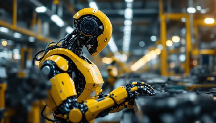 A photograph of capture a photograph of a modern industrial robot in action within a factory setting