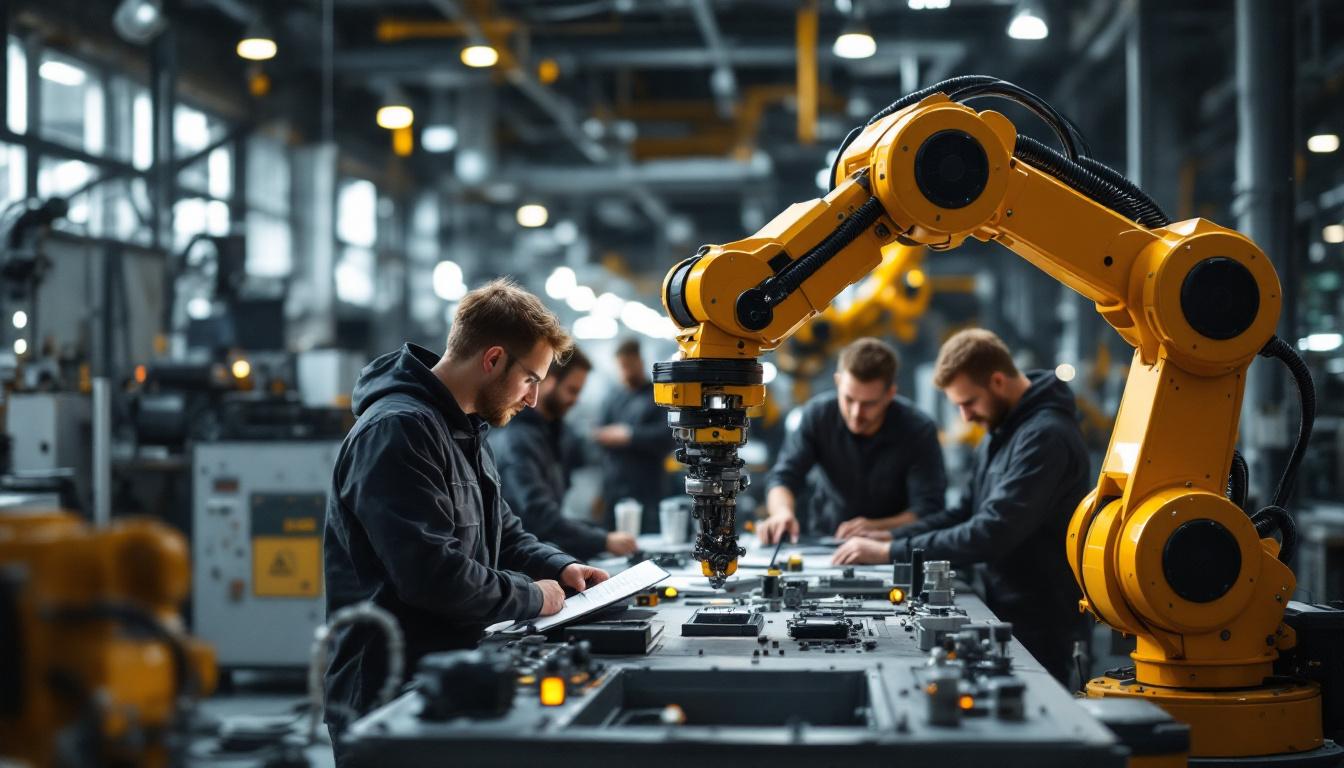 A photograph of a dynamic industrial robotics workspace