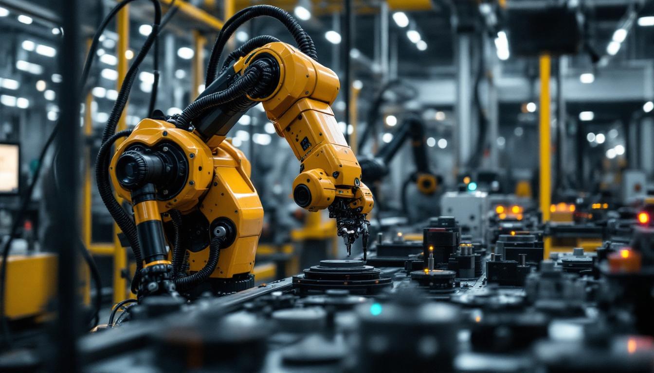 A photograph of a sleek industrial robot in action within a manufacturing setting