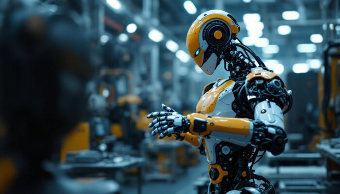 A photograph of capture a photograph of an industrial robot in action