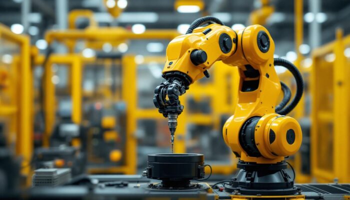A photograph of a sleek industrial robotic arm in action
