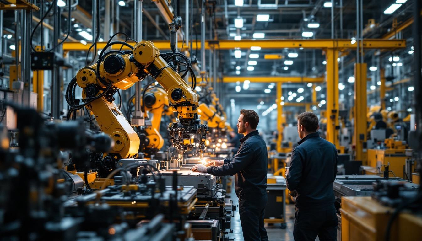 A photograph of capture a photograph of a bustling industrial setting in boston