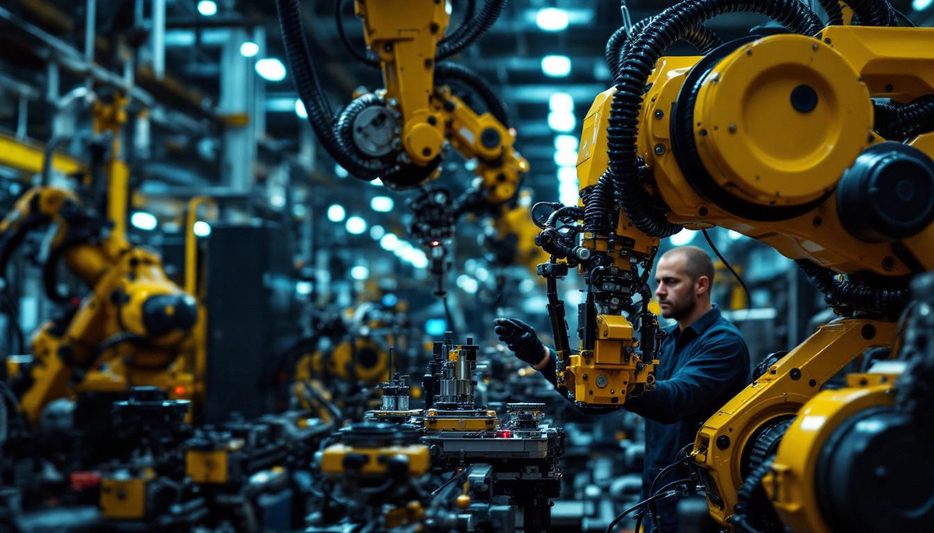 A photograph of a skilled technician working on an industrial robotic arm in a modern boston manufacturing facility