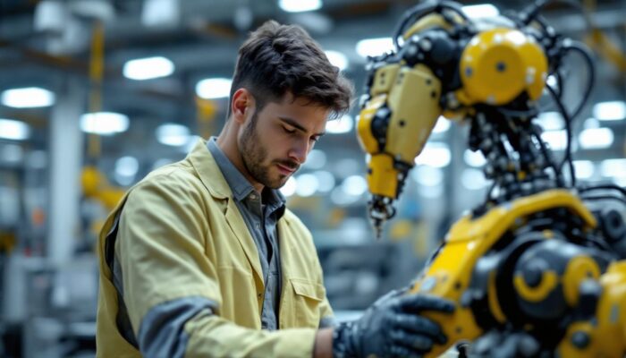 A photograph of a skilled technician performing maintenance on an industrial robot in a well-lit factory setting
