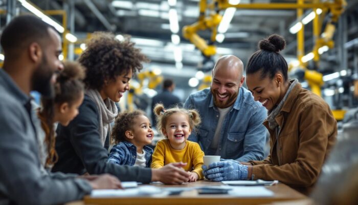 A photograph of a diverse group of parents in a modern workplace setting