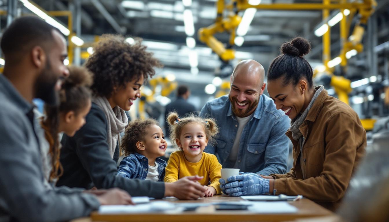 A photograph of a diverse group of parents in a modern workplace setting