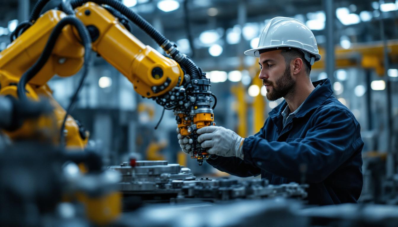 A photograph of a skilled technician inspecting an industrial robotic arm in a well-lit massachusetts facility