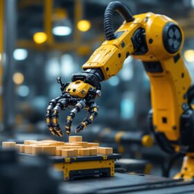 A photograph of a sleek industrial robotic arm in action
