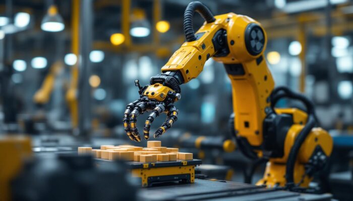 A photograph of a sleek industrial robotic arm in action