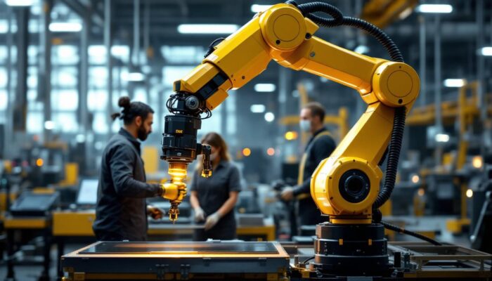 A photograph of a sleek industrial robotic arm in action