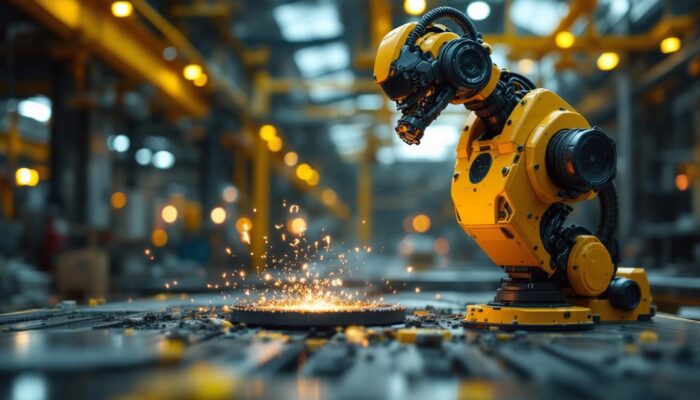 A photograph of a dynamic industrial robot in action within a boston manufacturing facility