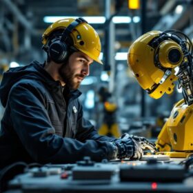 A photograph of a nuclear engineering intern working alongside industrial robots in a high-tech lab setting