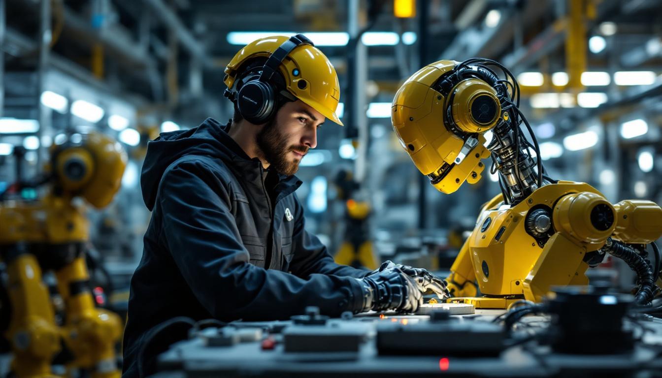 A photograph of a nuclear engineering intern working alongside industrial robots in a high-tech lab setting