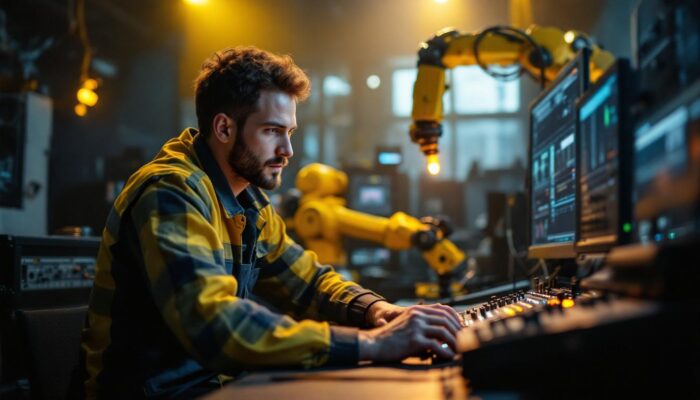 A photograph of a skilled audio-visual technician in action