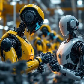 A photograph of a sleek industrial robot in action within a modern manufacturing facility