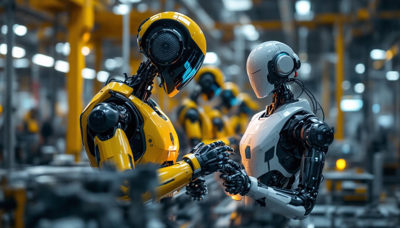 A photograph of a sleek industrial robot in action within a modern manufacturing facility
