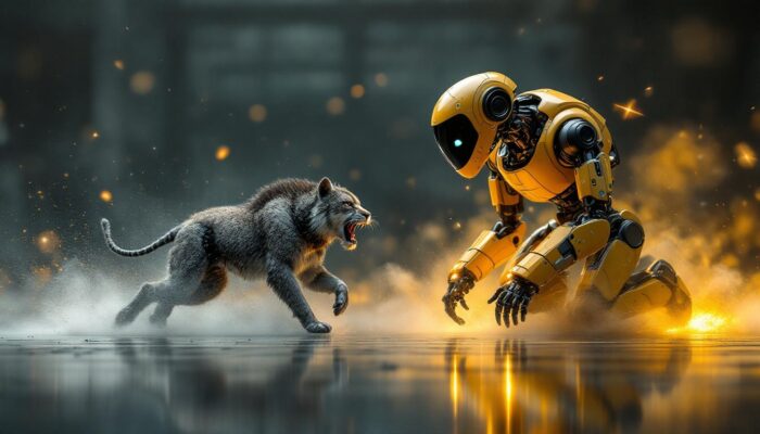 A photograph of a dynamic scene showcasing various animals in motion alongside an industrial robot in action