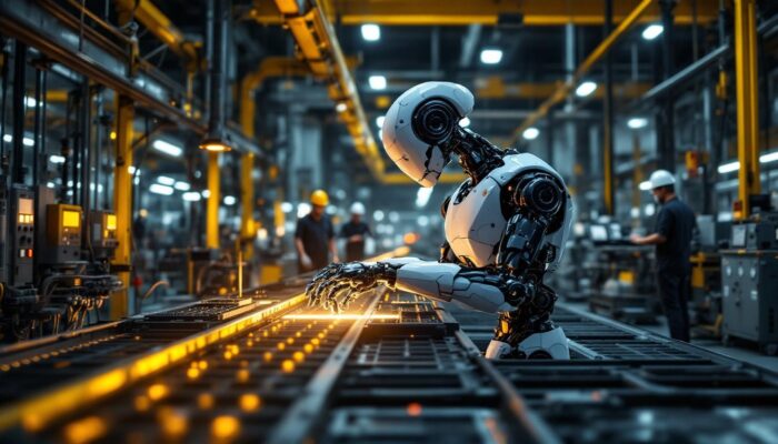 A photograph of a sophisticated industrial robot navigating through a dynamic manufacturing environment