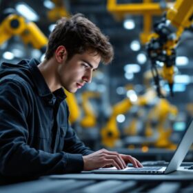 A photograph of a young software engineer intently working on a laptop in a modern industrial setting