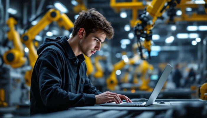A photograph of a young software engineer intently working on a laptop in a modern industrial setting