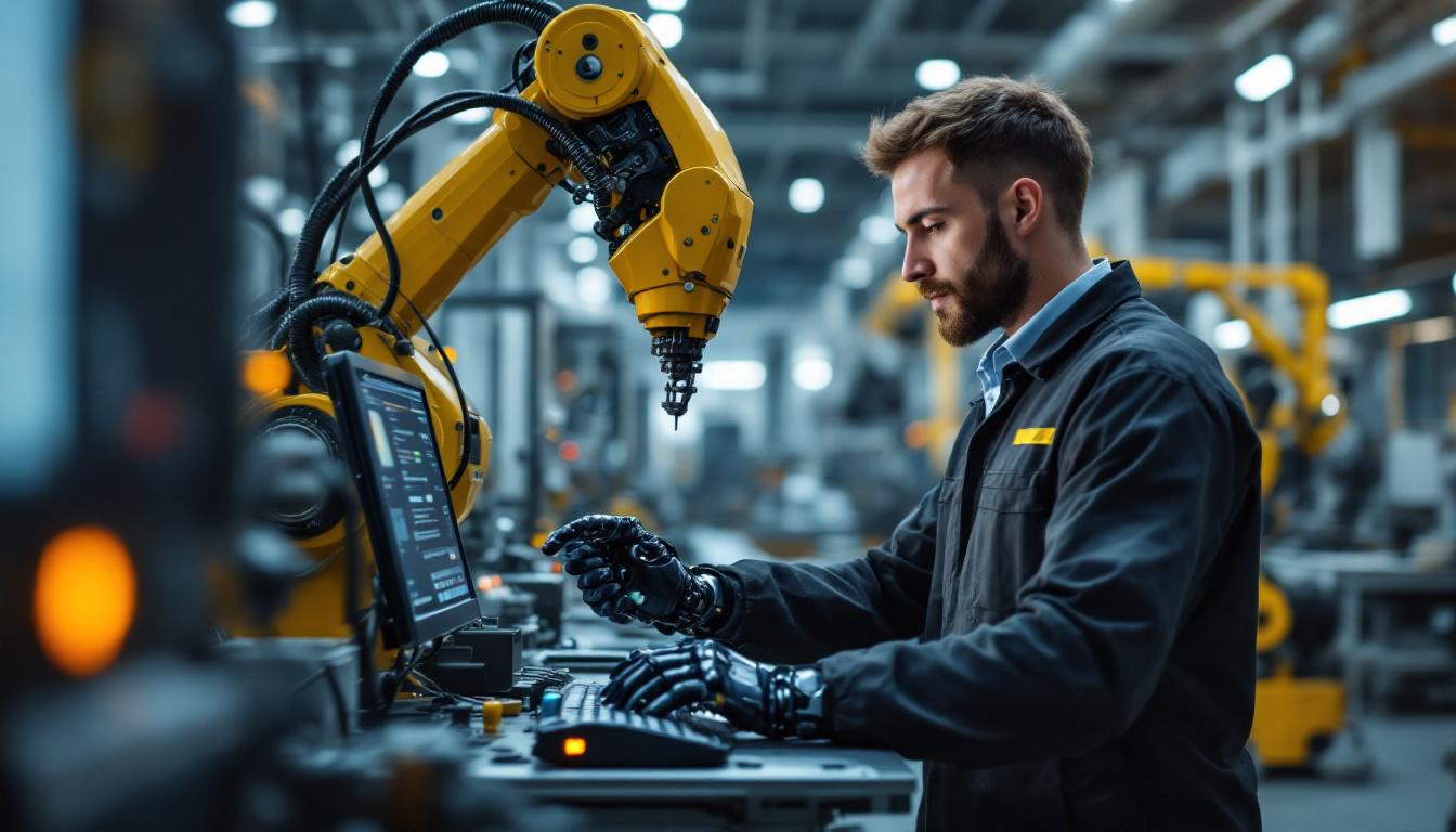 A photograph of a skilled technician programming or operating an industrial robot in a modern manufacturing setting