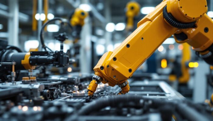 A photograph of a sleek industrial robotic arm in action