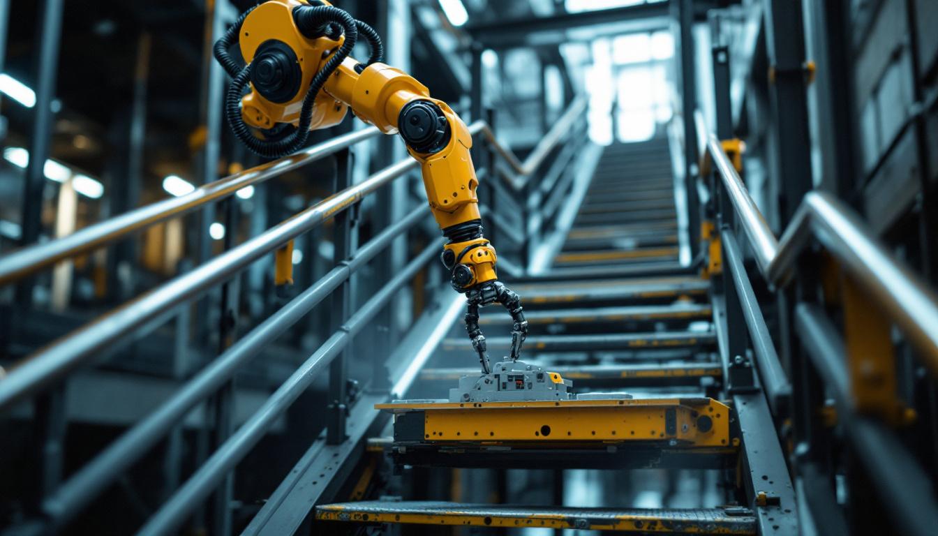 A photograph of an industrial robotic arm in action