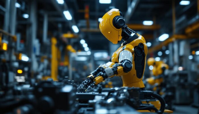 A photograph of a sleek industrial robot in action within a manufacturing setting