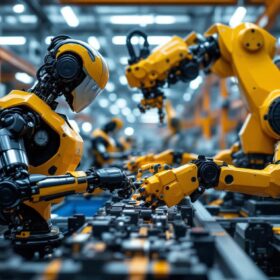 A photograph of a modern industrial robot in action