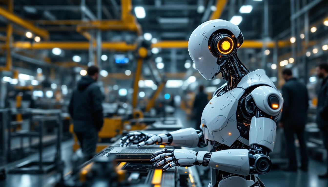 A photograph of a sleek industrial robot in action within a manufacturing environment