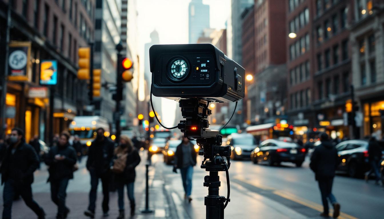 A photograph of capture a photograph of a bustling boston street scene featuring a prominent street camera