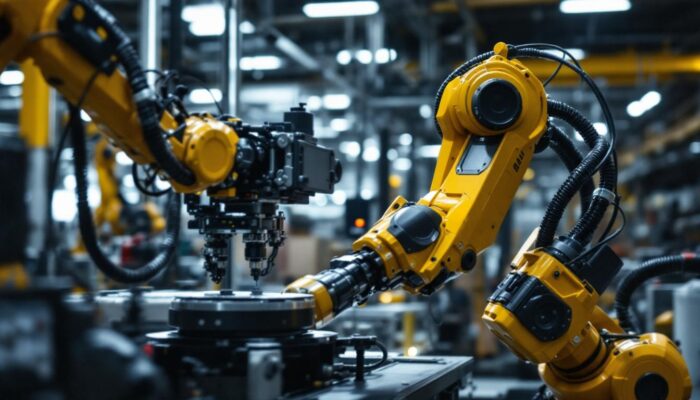 A photograph of a dynamic industrial robot in action within a manufacturing environment