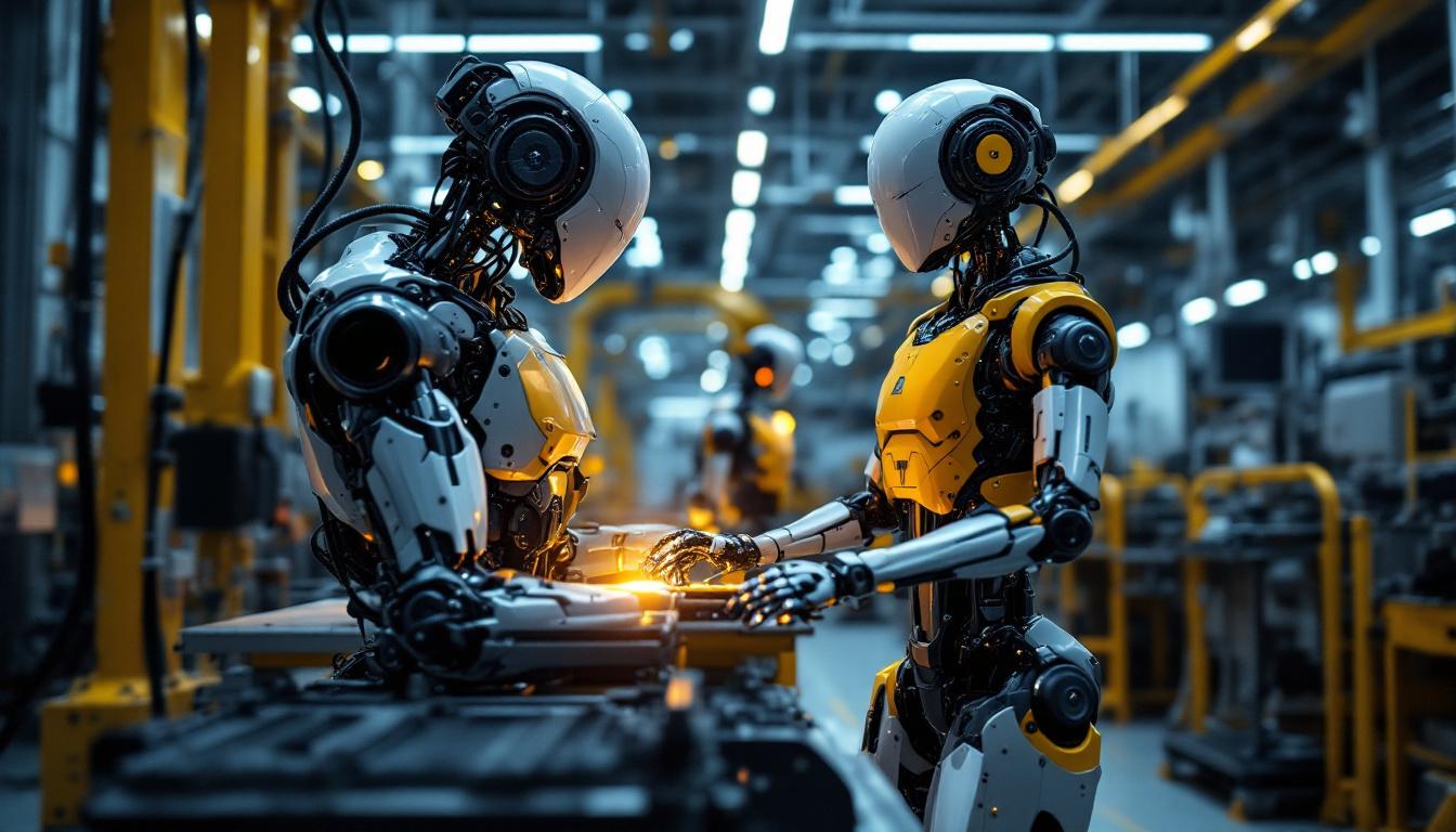 A photograph of a sleek industrial robot in action within a modern manufacturing environment
