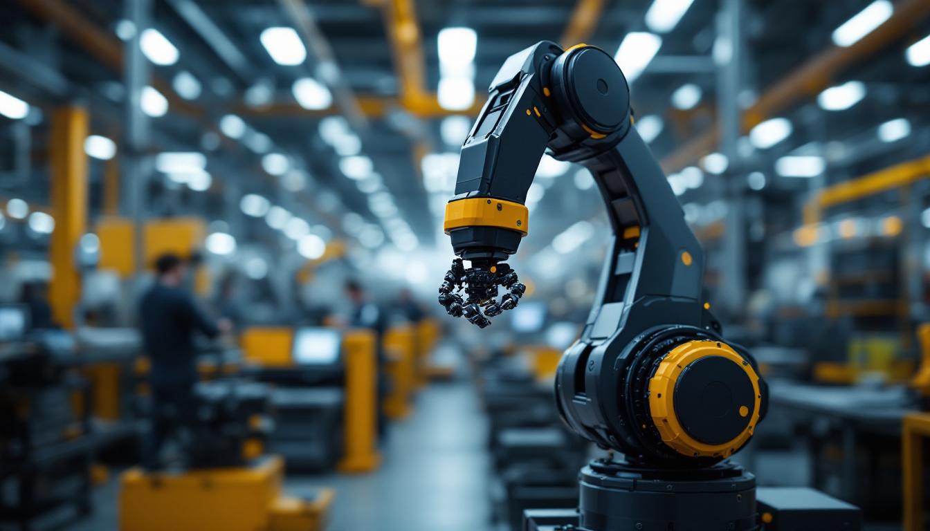 A photograph of a sleek industrial robotic arm in action within a modern manufacturing environment