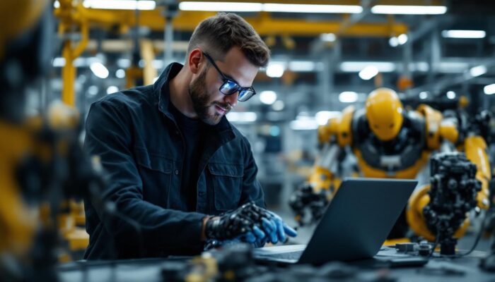 A photograph of a skilled software engineer collaborating with industrial robots in a modern manufacturing environment