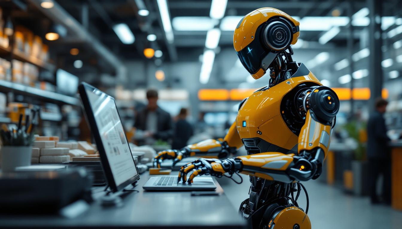 A photograph of a sleek industrial robot in action within a modern electronics store setting